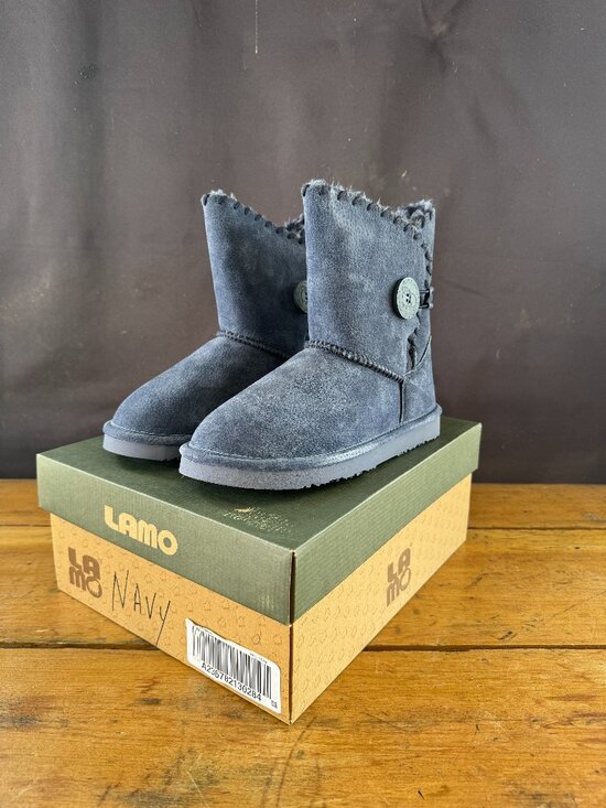 Lamo Shoes - Lomo Navy Suede Button Whipstitched Ankle Boots New in Box Size 8